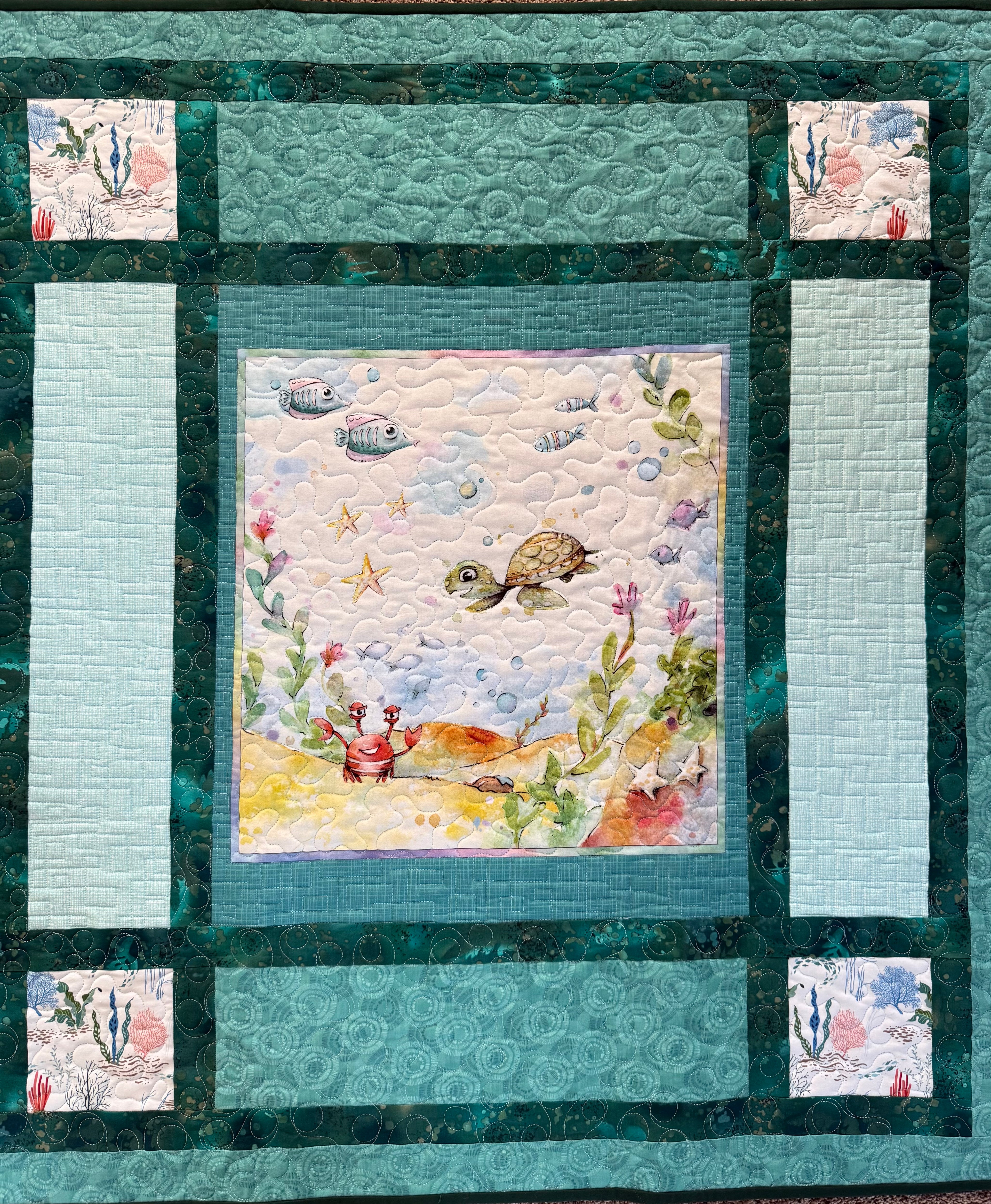 Handmade Ocean Quilt:Sea life nursery 39 x 42”