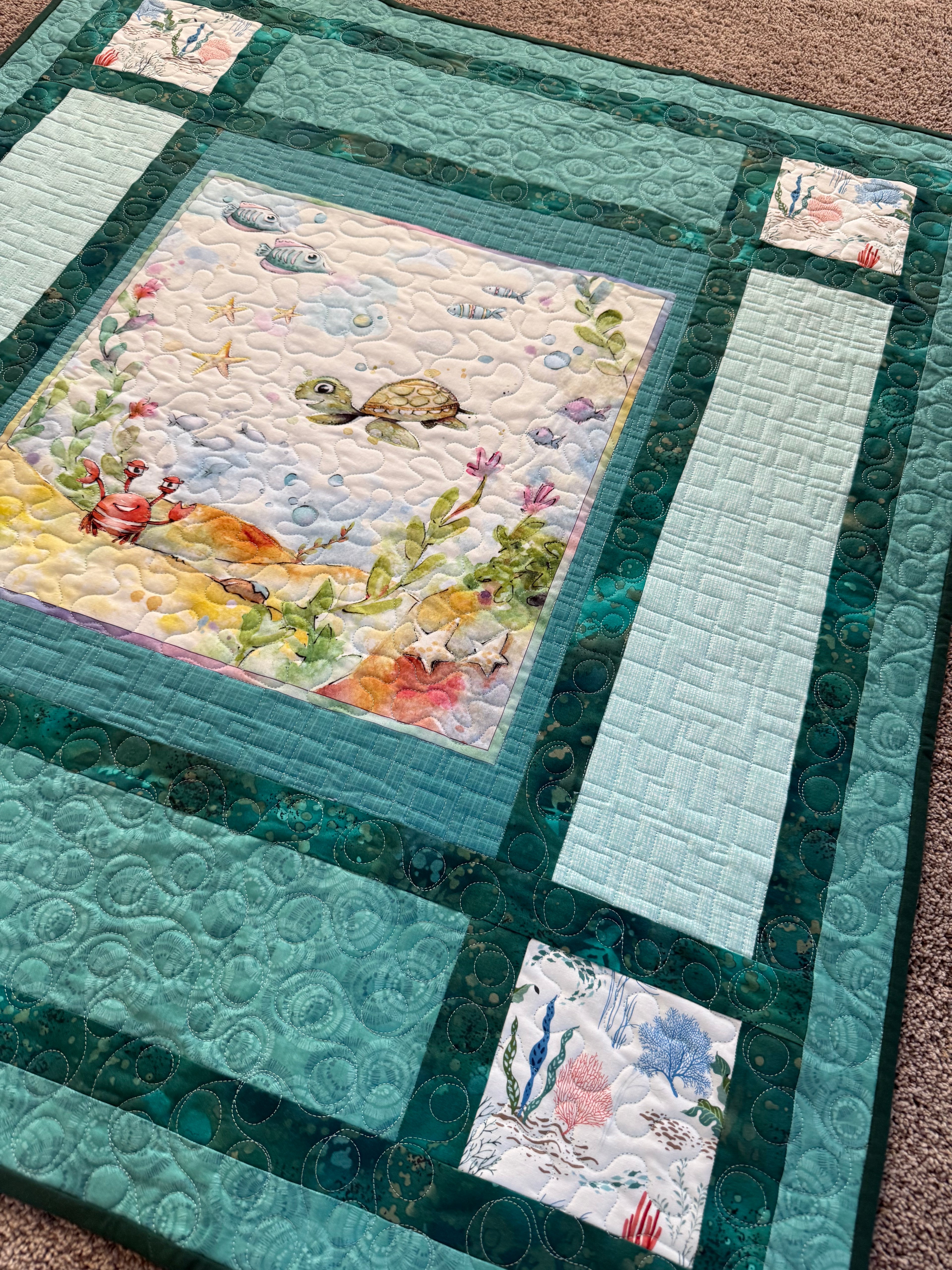 Handmade Ocean Quilt:Sea life nursery 39 x 42”