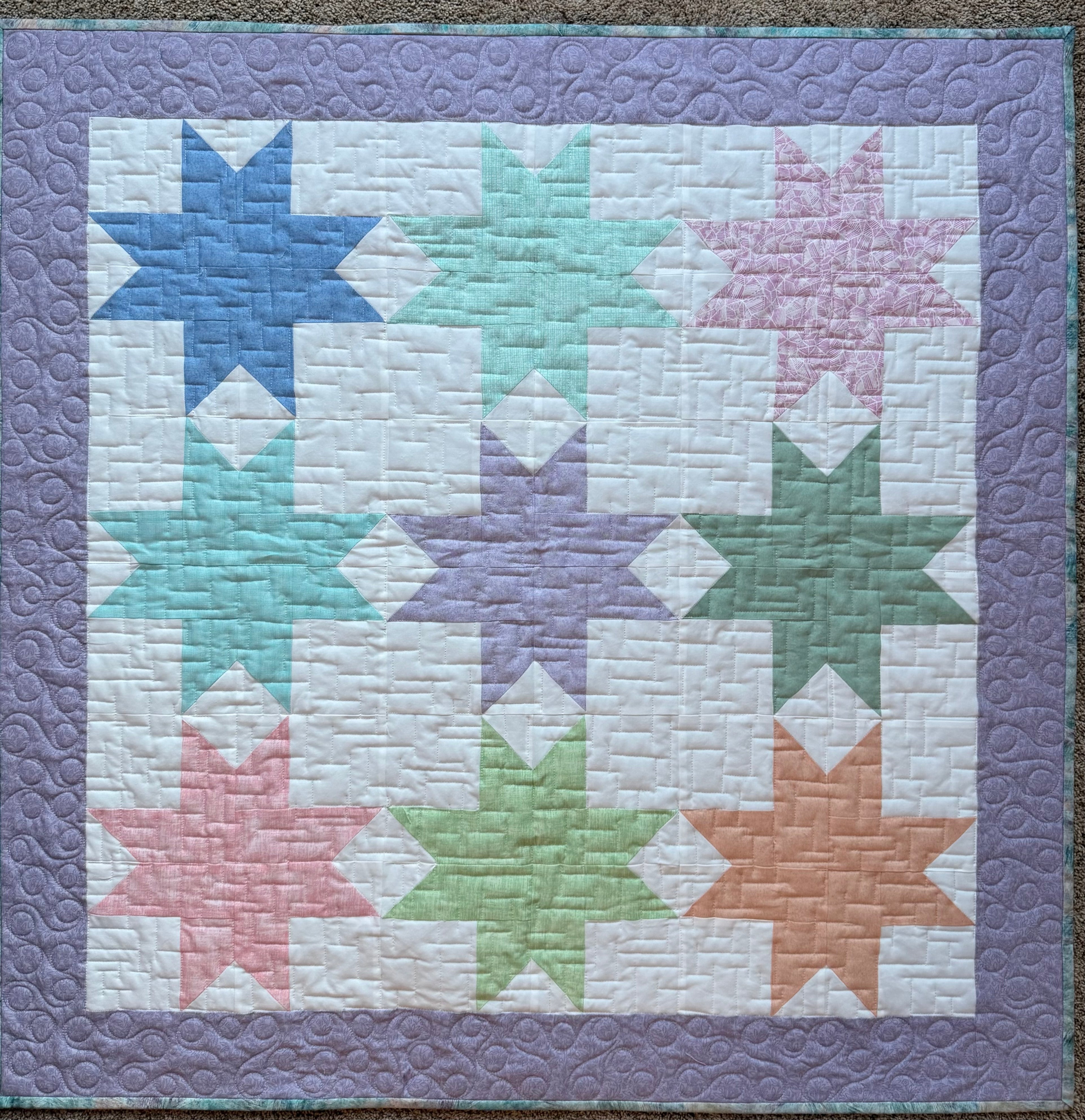 Star Baby Quilt: Pastel baby quilt 39” square