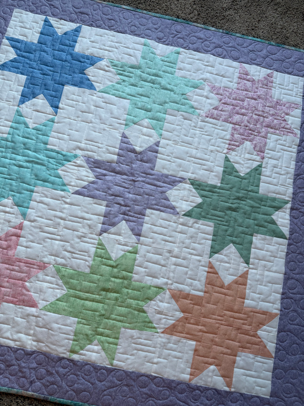 Star Baby Quilt: Pastel baby quilt 39” square