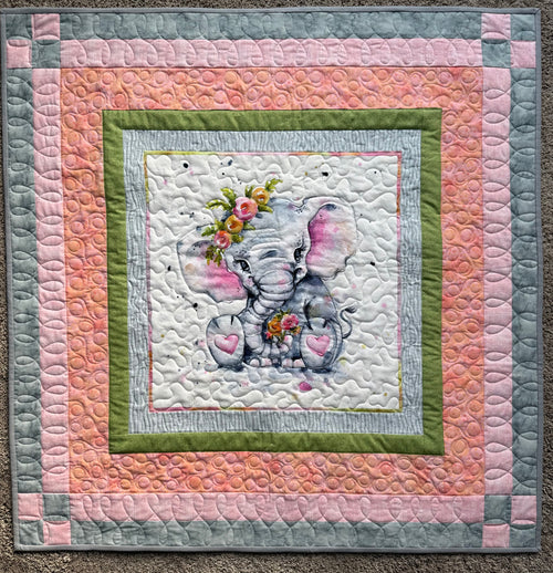 Handmade elephant baby quilt with borders in peach and gray