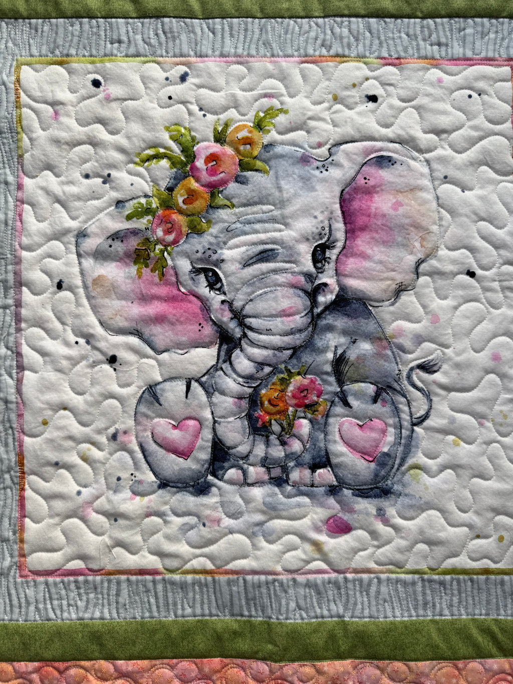 Handmade baby blanket with cute elephant panel