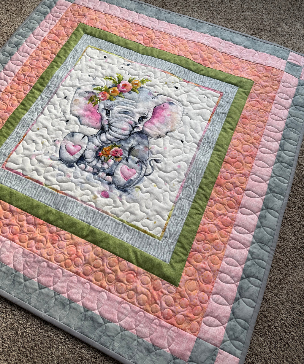 Handmade baby elephant quilt with borders in pink and gray