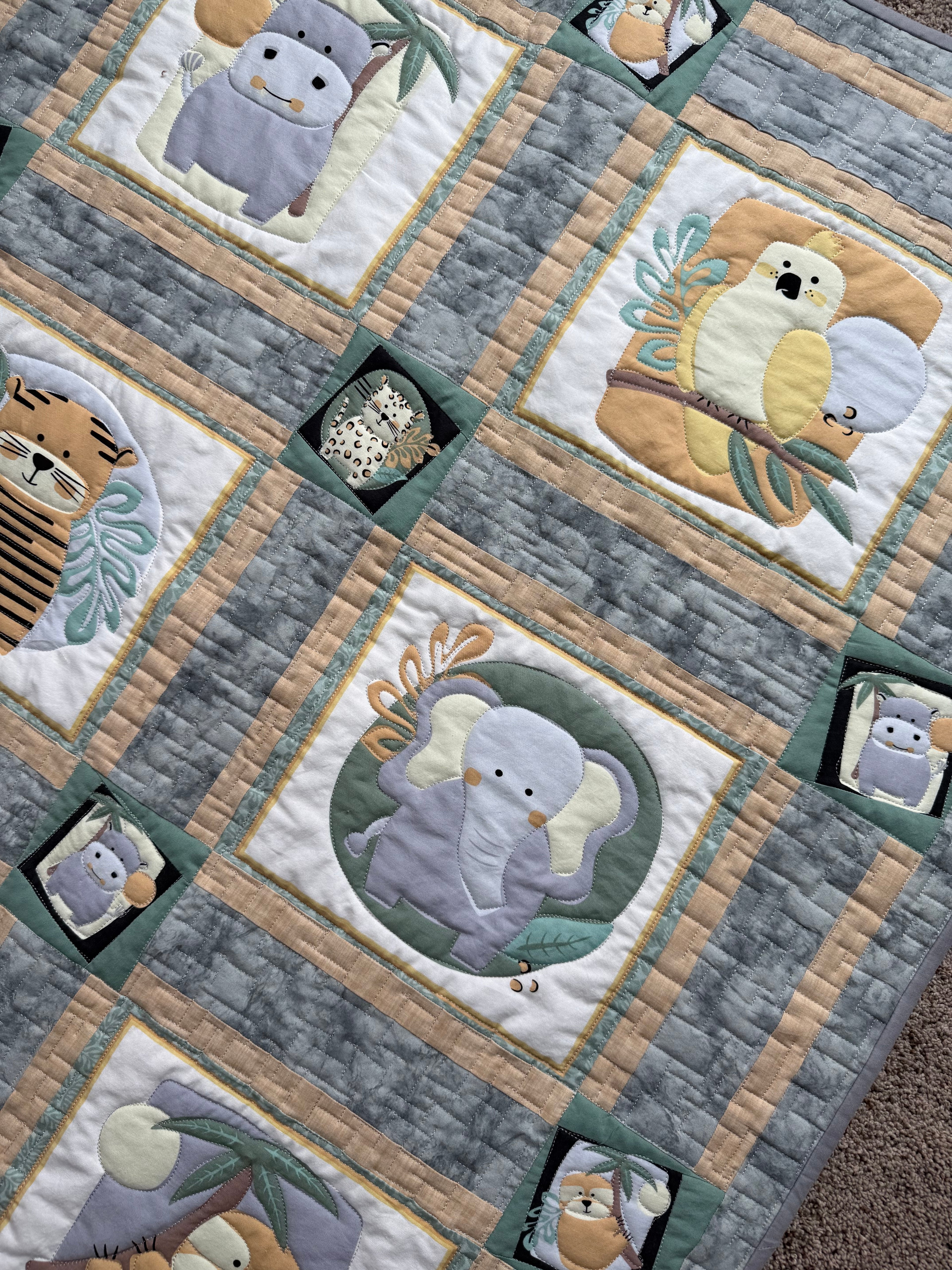 Close up of elephant in safari baby quilt 