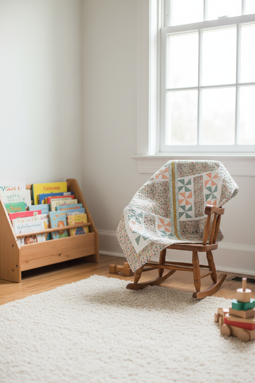 Handmade sage green quilt draped over a rocking chair in a cozy toddler's room
