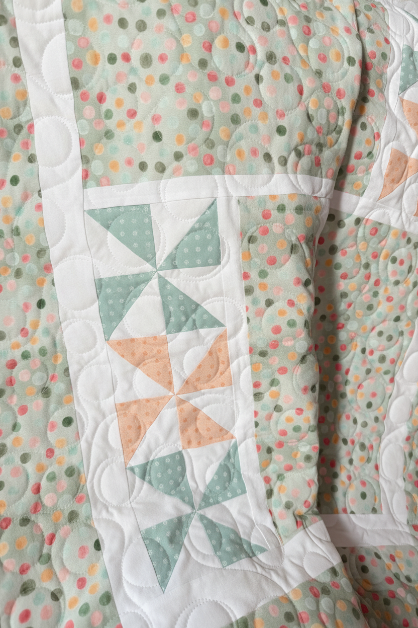 Handmade sage green quilt with pinwheel pattern, lightened true-to-color sage green