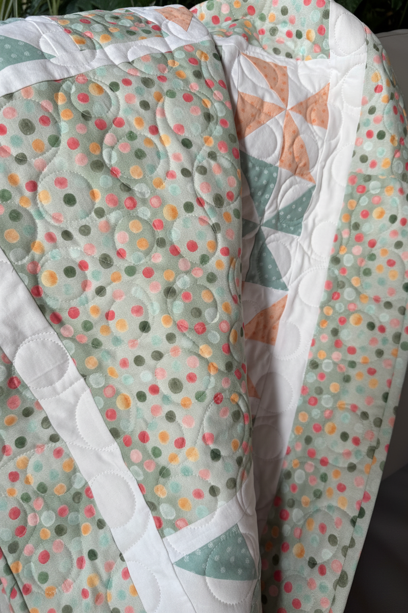 Handmade sage green quilt with pinwheel pattern, lightened true-to-color sage green