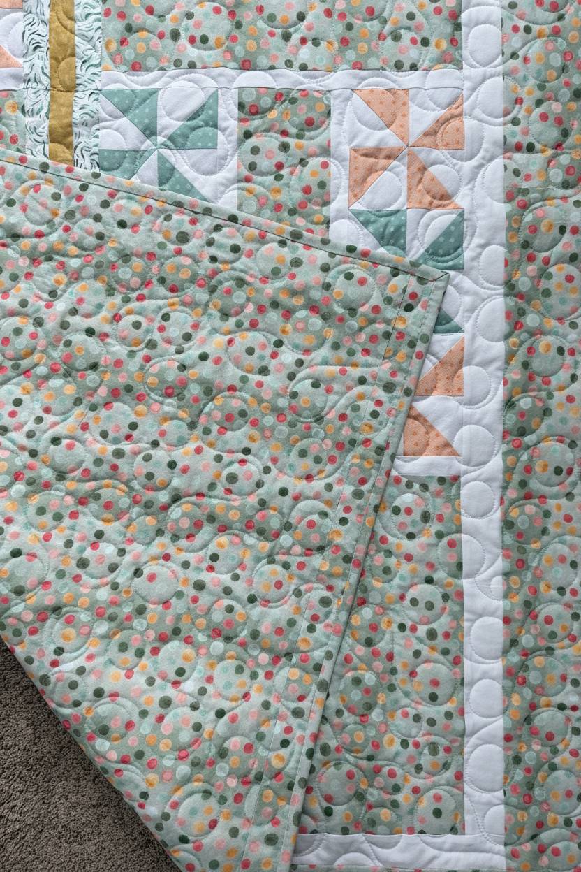 Handmade sage green quilt with pinwheel pattern, lightened true-to-color sage green