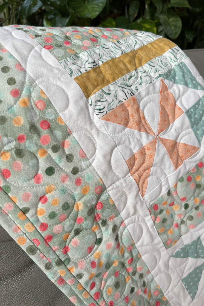Handmade sage green quilt with pinwheel pattern, lightened true-to-color sage green