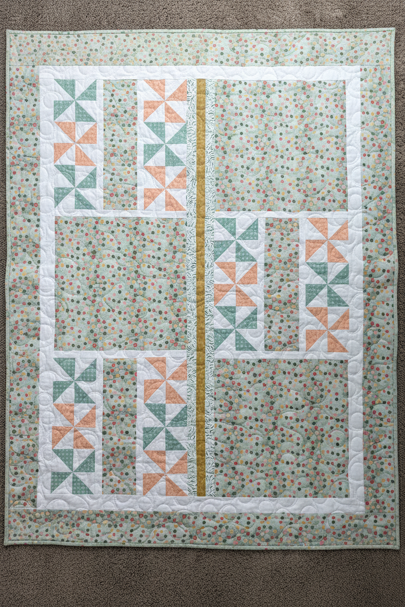 Handmade sage green quilt with pinwheel pattern, lightened true-to-color sage green